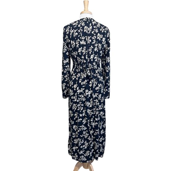 Positive Attitude Midi Ankle Dress Dark Navy Tan Floral Tie Back Cottagecore 12 - Picture 4 of 7